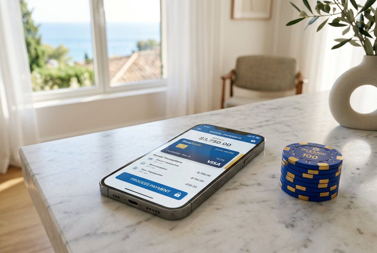 A modern smartphone showing a digital wallet interface next to blue casino chips on a bright white desk.